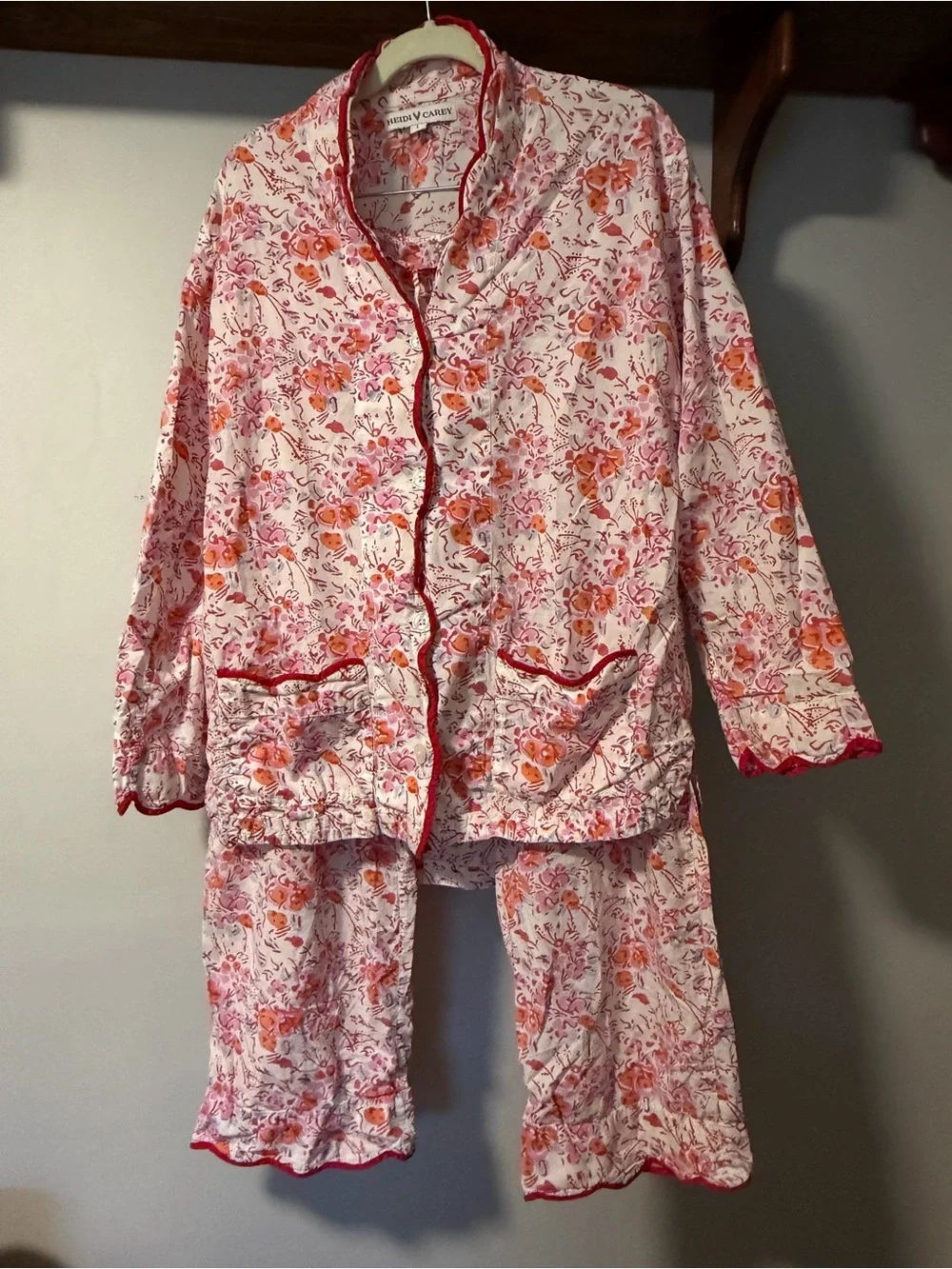 Heidi Carey 100% Cotton Floral Pajama Set L Pink Orange Ruffle